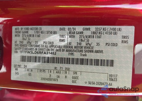 2024 Ford F-150 Xlt z USA, uszkodzony, nr VIN 1FTFW3LD6RFA31482